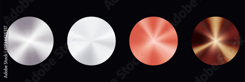 Metal radial gradients. Polished backgrounds of gold, silver, rose gold, bronze, chrome effects. Smooth circular light transitions with foil texture, metallic shine.