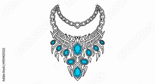 Ornate chain necklace featuring striking blue faceted gemstones and tribal patterns