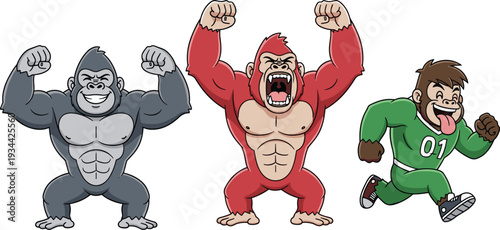 Strong Gorilla Character Set with Muscular Silverback and Cartoon Monkey Athlete Vector Illustration Collection