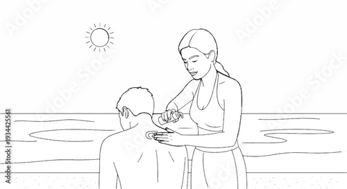 Person applying sunscreen to another on a beach with sun and ocean