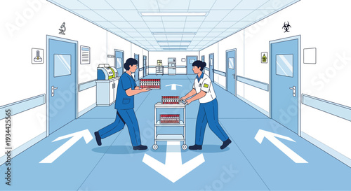 Medical Staff Transporting Blood Samples in Hospital Corridor