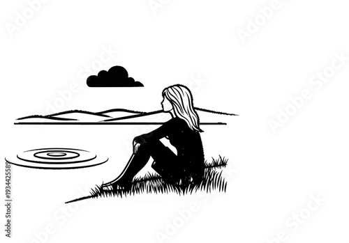 A woman contemplates ripples in water by a serene landscape
