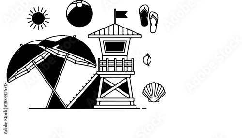 Black and white beach icons lifeguard tower, umbrella, sun, ball, flip-flops, shells
