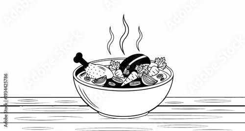Steaming bowl of hearty soup with chicken leg and vegetables on wooden surface
