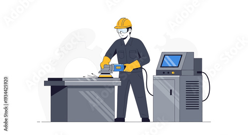 Metalworker Grinding Metal Surface with Power Tool in Factory Workshop