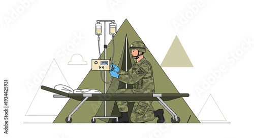 Military Medic Administering IV Drip Treatment on Stretcher