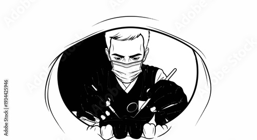 Stylized illustration of a focused dentist in mask and gloves performing dental procedure