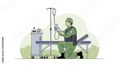 Military Medic Administering IV Drip Treatment to Patient on Stretcher