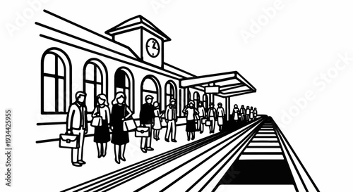 Stylized illustration of a train station with people waiting on the platform