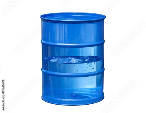 Blue metal barrel with transparent section showing water sloshing inside, standing on white