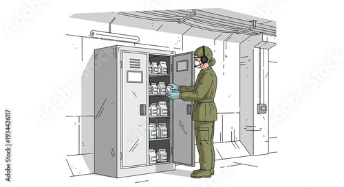 Military Medic Organizing Medical Supplies in Bunker Storage