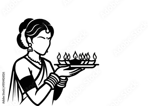 Stylized woman in traditional attire holding a tray of lit oil lamps