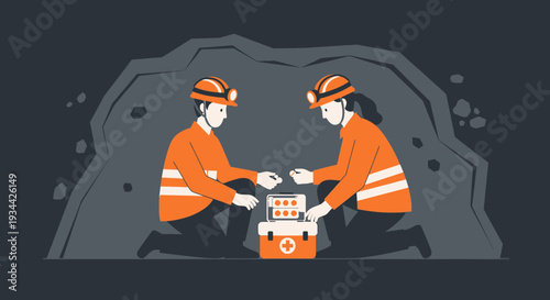 Miners with First Aid Kit in Cave - Safety and Emergency Response