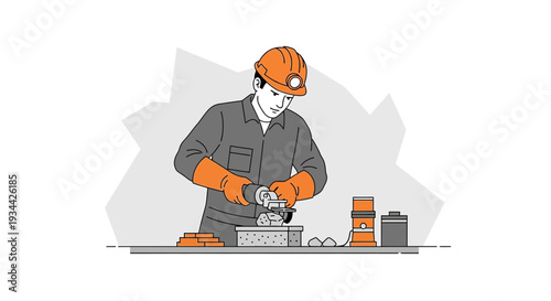 Miner working with grinding tool, safety helmet, construction site illustration