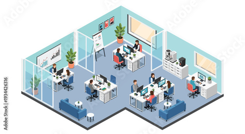 Isometric illustration of a modern busy office space with multiple employees