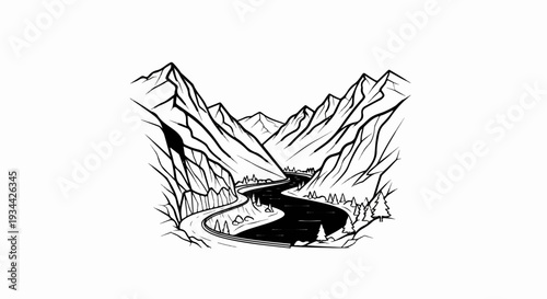 Winding river flows through a rugged mountain valley with a winding road