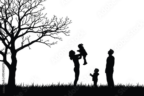 Family dining silhouettes, parent serving children at table vector illustration, household mealtime artwork, daily lifestyle design elements, social gathering graphics collection