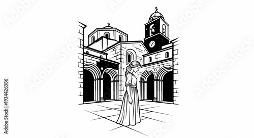Woman in a long dress in a courtyard with a church tower