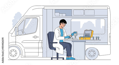Mobile Lab Technician Conducting Medical Tests Inside Van
