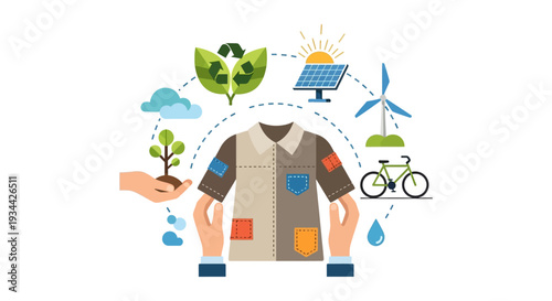 Sustainable & Eco-Friendly Fashion Production Concept: Green Apparel with Recycling, Renewable Energy, Organic Materials