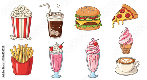 Colorful cartoon illustration of various fast food and sweet treats