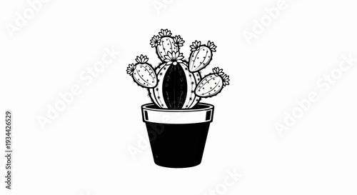 A black and white illustration of a blooming cactus in a pot