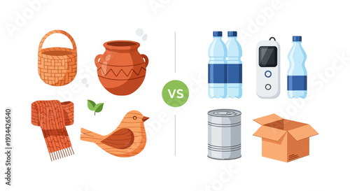 Natural vs. Man-made Objects Comparison | Sustainable Choices & Industrial Products Illustration