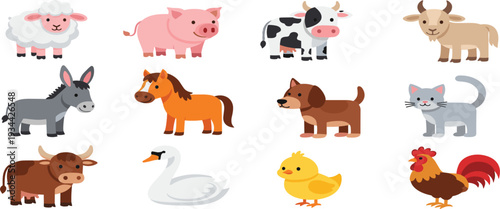 Cute domestic farm animal vector icons featuring sheep, pig, cow, goat, donkey, horse, dog, cat, bull, swan, chick, and rooster characters.