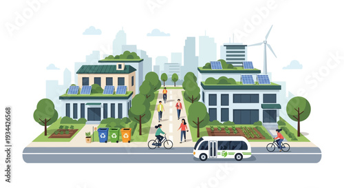 Sustainable Green City Landscape with Eco-Friendly Buildings, Solar Panels, Urban Gardens, and People Cycling & Walking in a Modern Eco-Conscious Environment