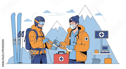Mountain Rescue Doctor Administering Aid to Injured Skier