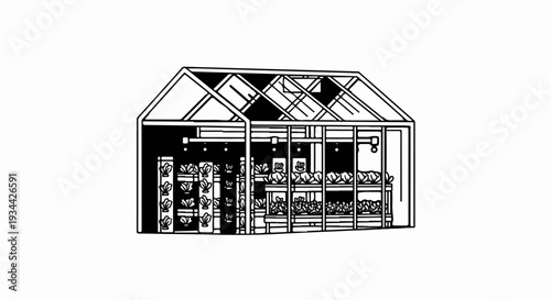 Interior view of a greenhouse with multiple levels of plants under artificial lights