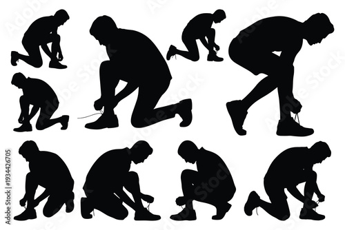 Silhouette of man tying shoelaces in various positions