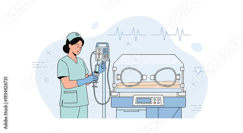 Neonatal Intensive Care Nurse with Incubator and Medical Equipment