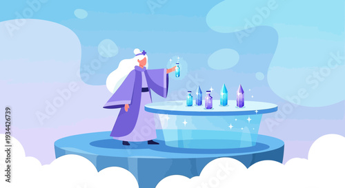 Mystical Alchemist Creating Potions with Glowing Crystals in Ethereal Realm