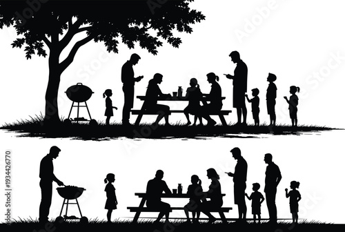 Family gathering barbecue silhouettes, outdoor picnic vector illustration set, social interaction artwork, casual summer food design elements, technology influence graphics collectionFamily gathering 