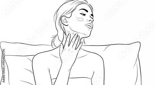 Line art of a woman applying skin care products to her neck and face