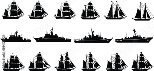 Black silhouette illustration of sailing ships and modern naval warships, showcasing maritime evolution, vessel designs, masts, sails, antennas, and military technology