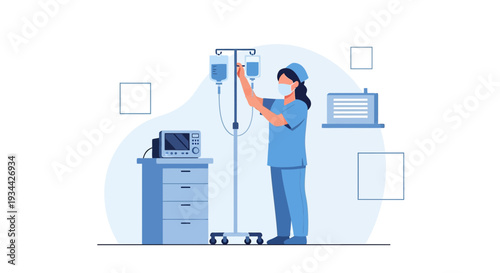 Nurse Adjusting IV Drip Bag Next to Medical Equipment - Healthcare Illustration