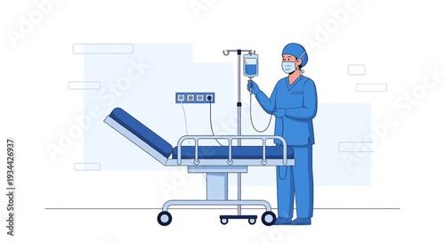 Nurse Adjusting IV Drip Bag Next to Hospital Bed in Modern Clinic - Illustration