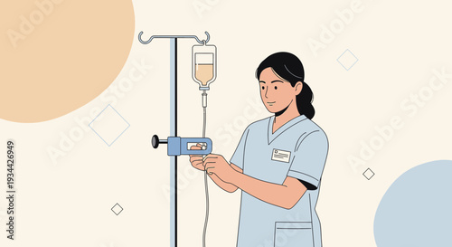 Nurse Adjusting IV Drip for Patient Care, Medical Infusion Illustration