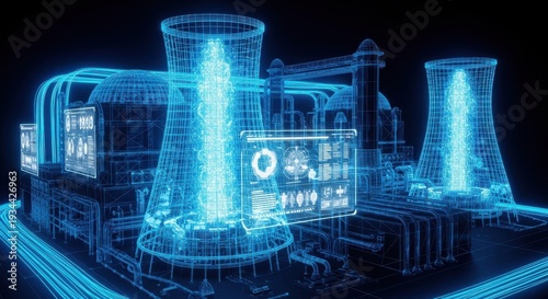 Blue holographic nuclear power plant model glowing with digital data on black background