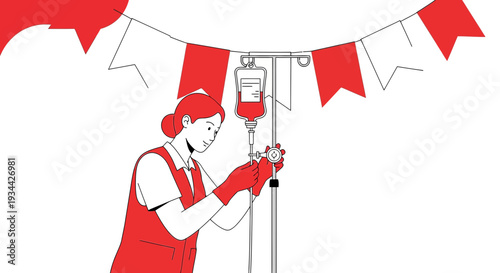 Nurse Adjusting IV Drip Bag with Red Bunting Decoration - Medical Care Illustration