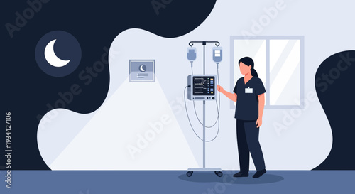 Nurse Adjusting IV Drip Machine in Hospital Room at Night