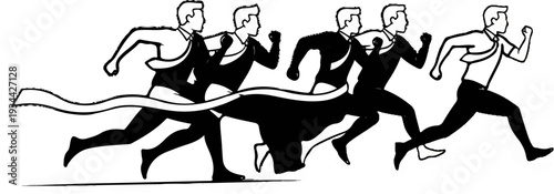 Men in suits race to the finish line, breaking through a banner