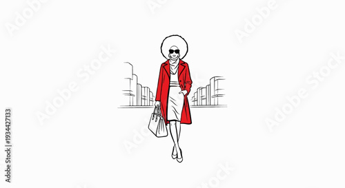 Fashionable person with afro hairstyle and red coat walking in city