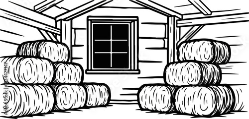 Hay bales stacked inside a barn with a window