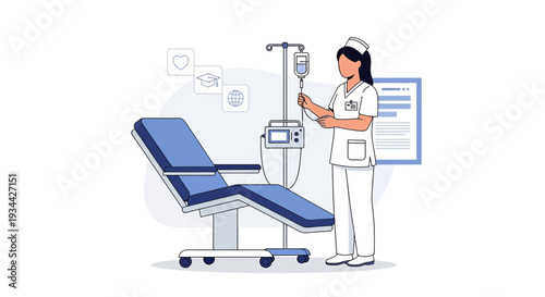 Nurse Adjusting IV Drip Next to Examination Chair, Medical Equipment