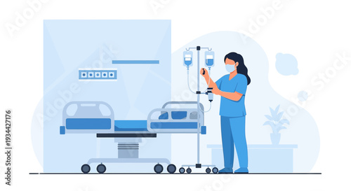 Nurse Adjusting IV Drip Next to Hospital Bed - Healthcare Illustration