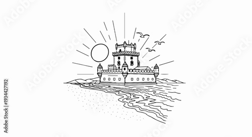 Historic tower by the sea under a bright sun with flying birds