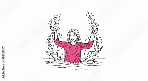 Joyful child splashes water with hands, creating dynamic splashes
